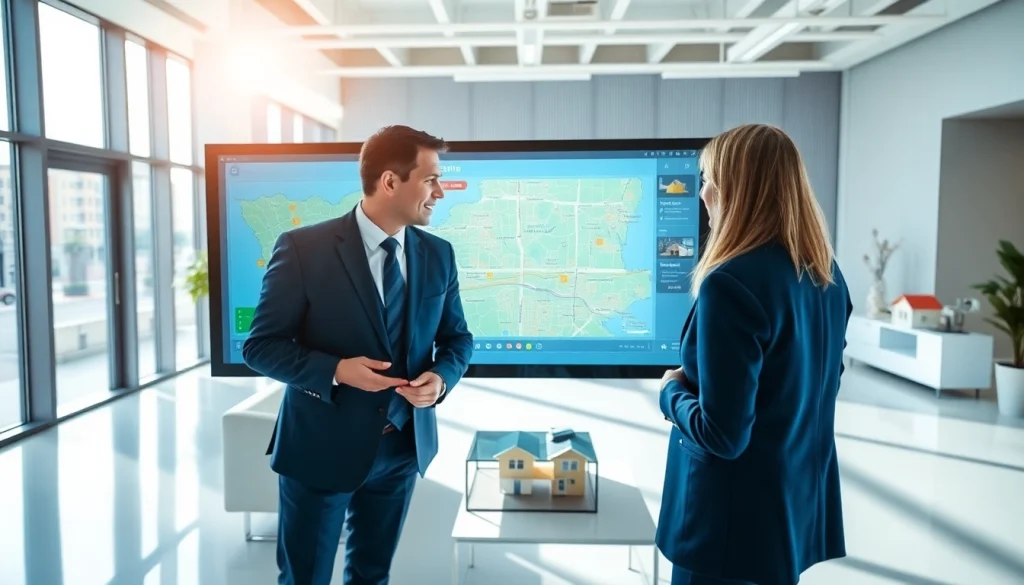 Real Estate agent discusses requirements at a modern office with clients.