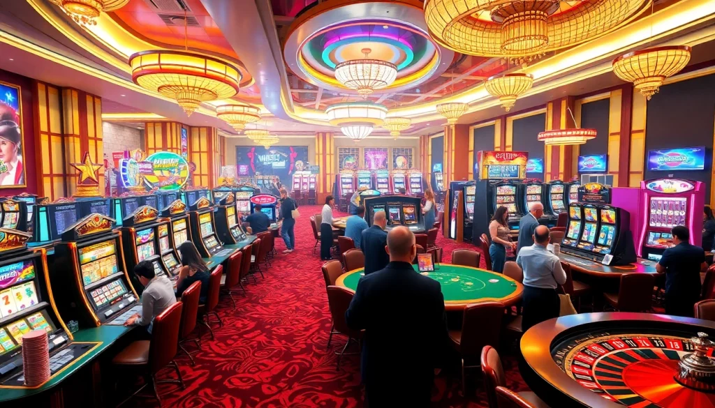 Experience the vibrant gambling world of KJC AC 1 with players enjoying casino tables and slot machines.