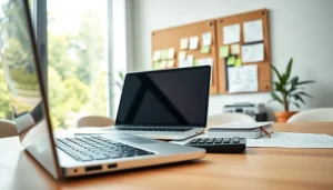 Engaging small business accounting and bookkeeping scene with financial tools on a modern desk.