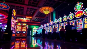 Bermain slot dengan mesin berwarna-warni yang berputar dan pemain bersemangat di kasino.