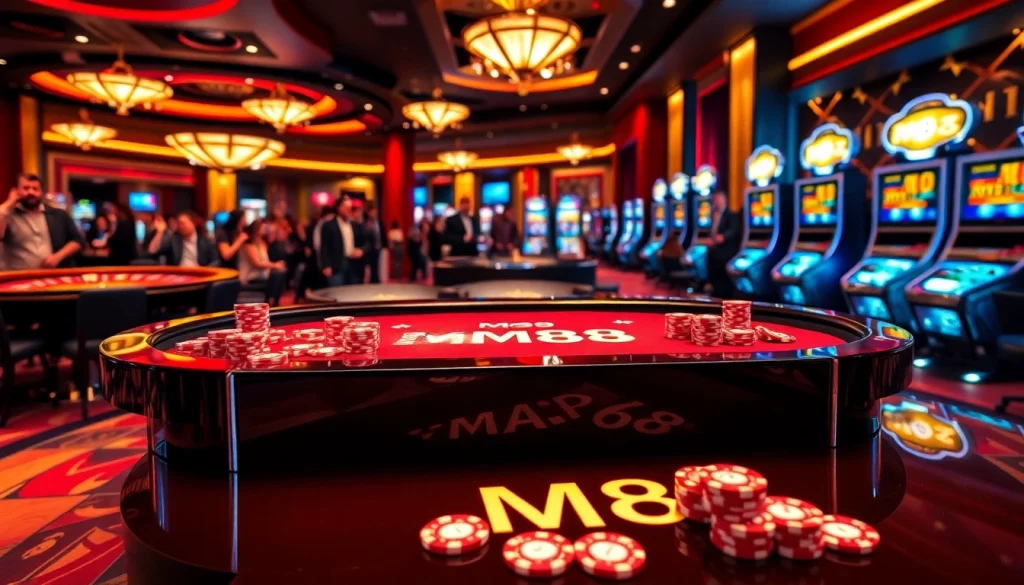 MM88 poker table with vibrant chips and cards brings excitement in luxury casino.