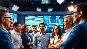 Engaged journalists at sportsbytes.com.ph discussing latest events in a modern newsroom.