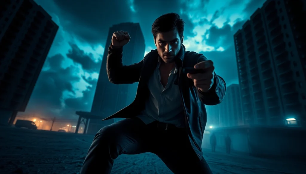 Heroic figure in an action-packed thriller ready for a challenging confrontation in an urban setting.