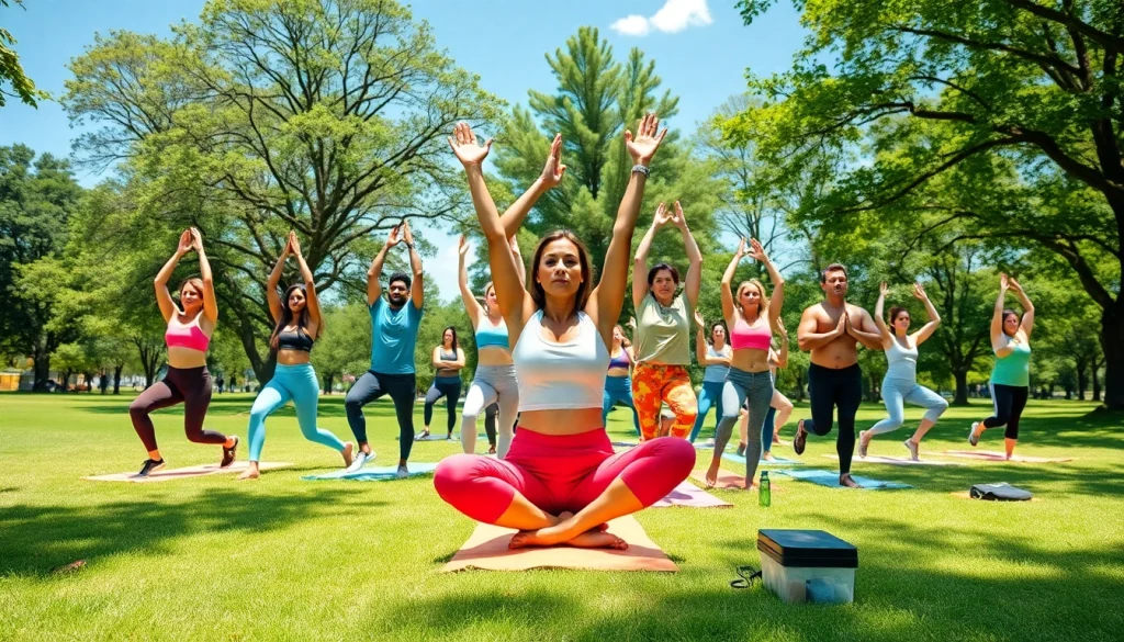 Engaging wellness activities at https://healthyvix.com with diverse individuals practicing yoga in a vibrant park.