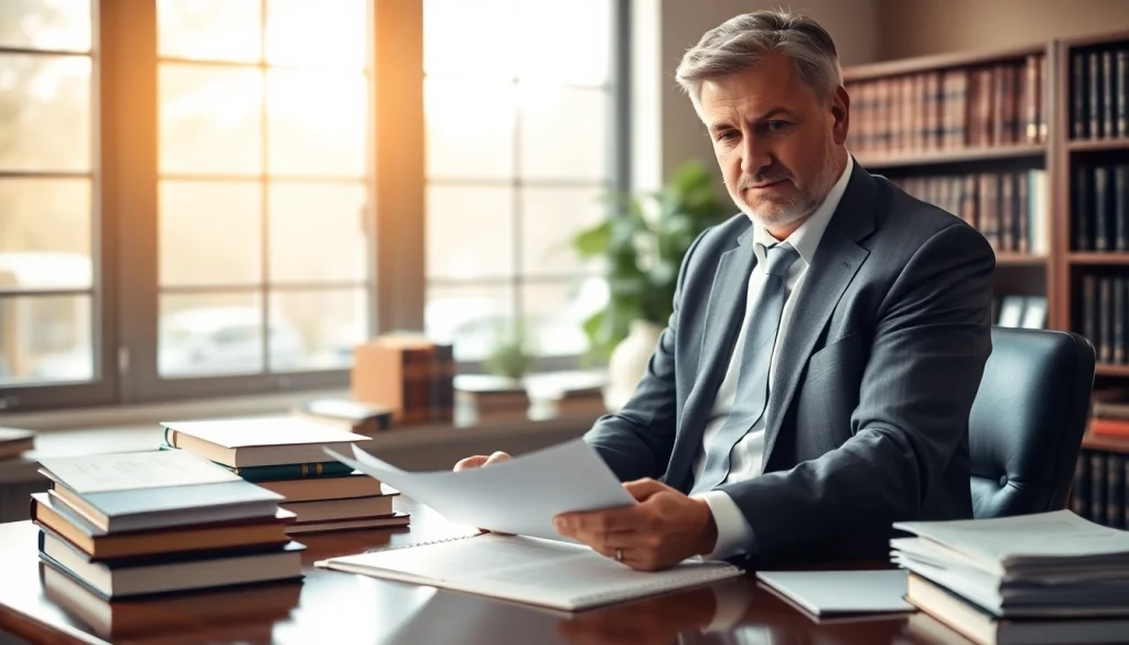 Engaging personal injury lawyer at https://www.wcfjustice.com reviewing legal documents in a warm office.