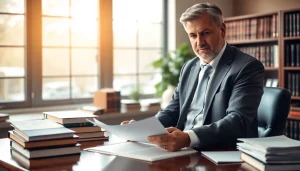 Engaging personal injury lawyer at https://www.wcfjustice.com reviewing legal documents in a warm office.