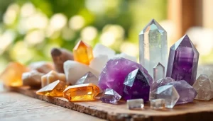 Types of crystals arranged artistically on a wooden surface, featuring vibrant colors and natural textures.