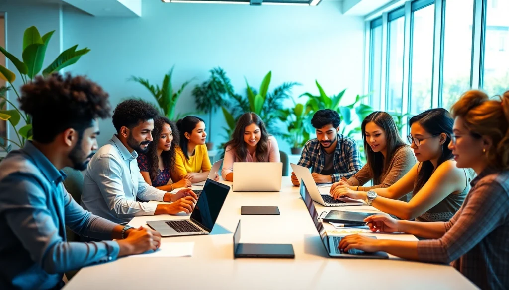 Engaged professionals collaborating on digital projects at https://presshackers.com in a vibrant office.