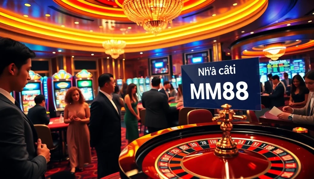 Enthusiastic players engaging at the Nhà cái MM88 roulette table amidst classic casino glamour.