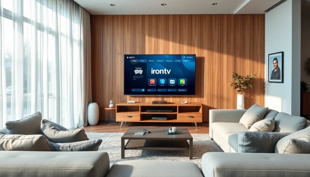 Engaging living room setup featuring iron tv pro interface on a large screen.