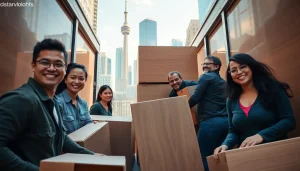 Efficient Toronto moving services displayed by movers loading a truck in a sunny urban backdrop.