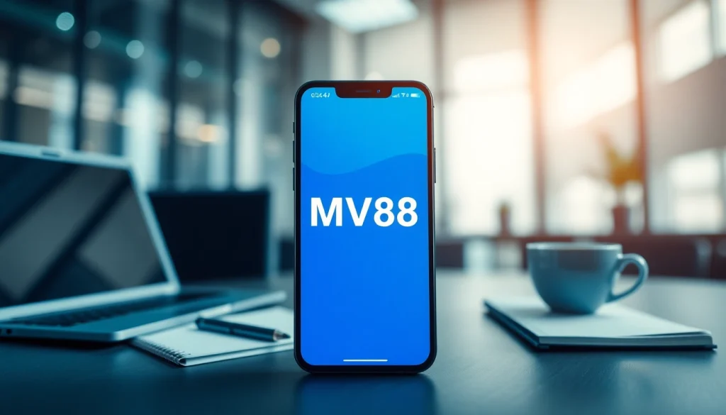 MV88 app interface displayed on a smartphone in a modern workspace