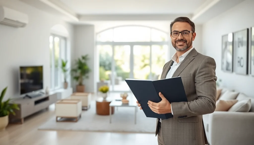 Showcasing real estate with a modern living room, professional agent, and inviting atmosphere.