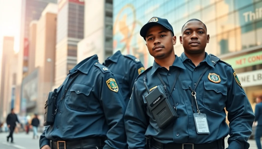 Security Guards standing confidently in a cityscape, showcasing professionalism and vigilance.