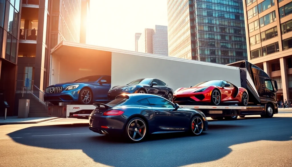 View of a luxury auto transport truck handling Premium Auto Transport vehicles in a city.