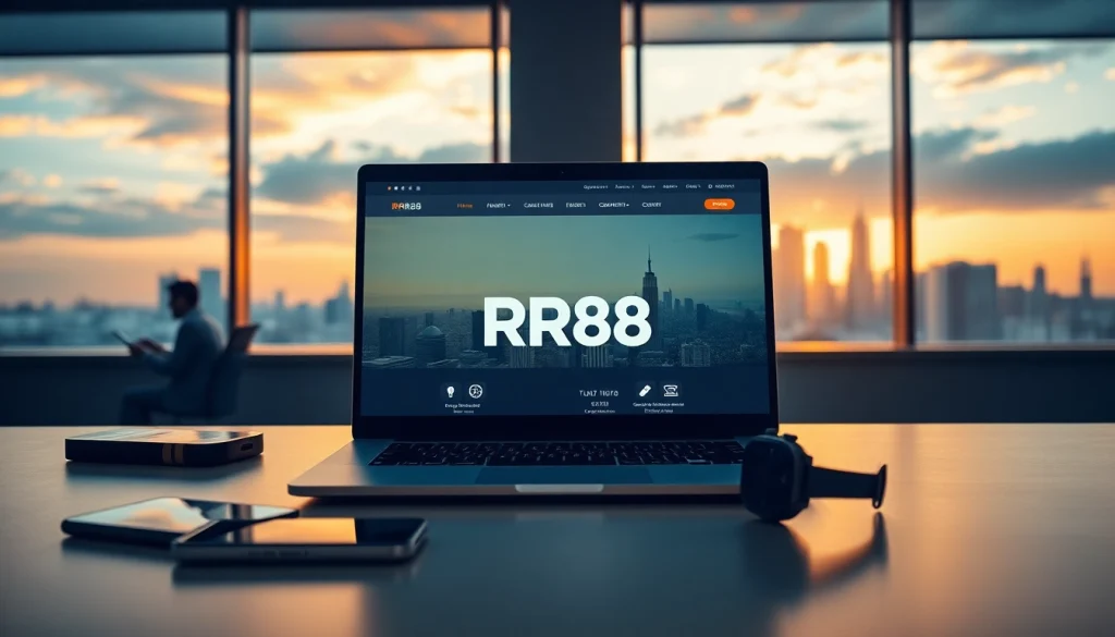 Engaging professional workspace with RR88 branding and modern tech gadgets.