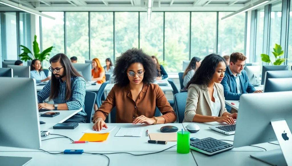 Individuals collaborating in a vibrant typing center, showcasing teamwork and efficiency.