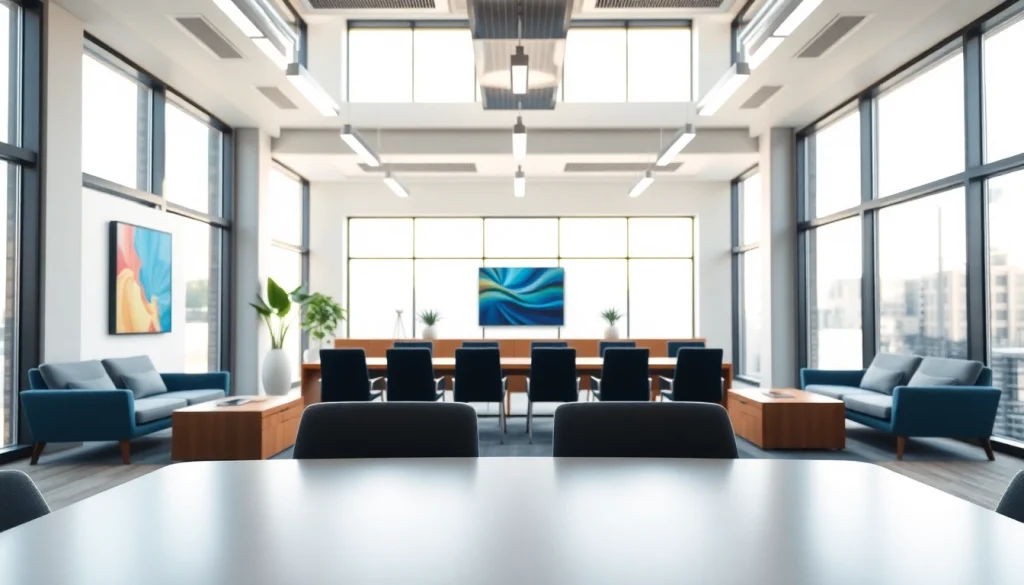 Showcasing industrial leasing office space with modern design and bright ambiance.