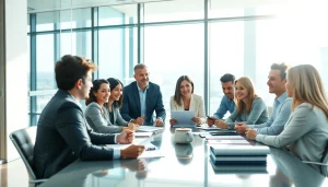 Capture a vibrant business collaboration scene as professionals engage around a table at https://fhpts.com.