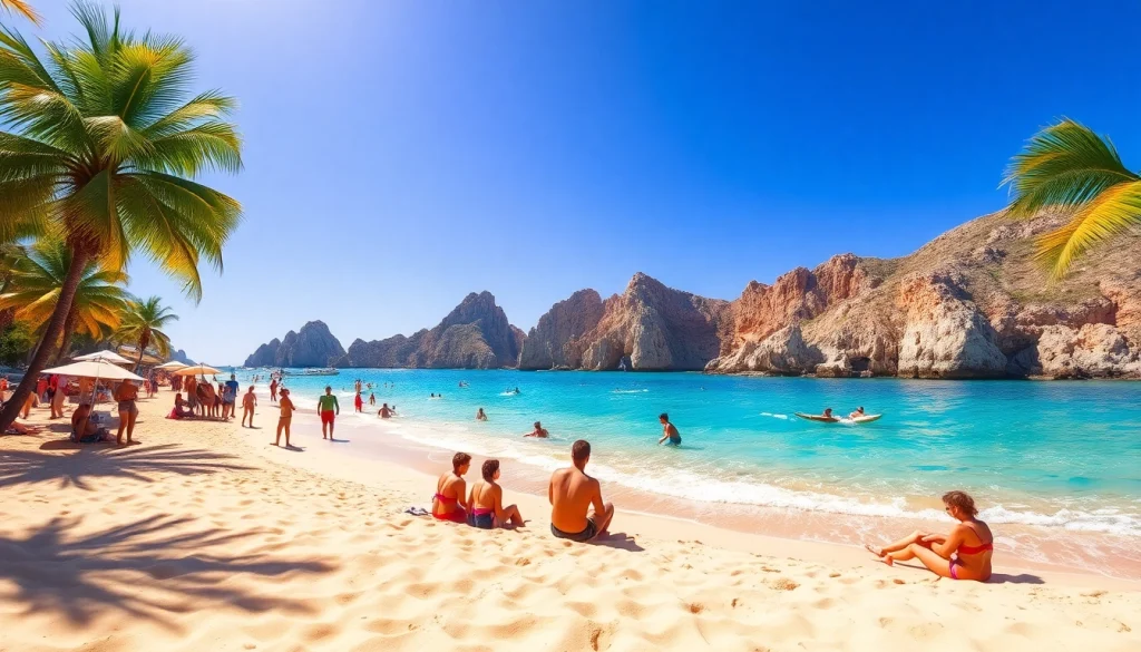 Experience the vibrant Cabo Travel & Tourism with beachgoers enjoying the sun and water activities.