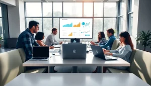 View of a diverse digital marketing team working collaboratively at https://c168me.com/ in a modern office setting.