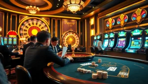 Dynamic poker game at 79king net with elegant players and roulette wheel.