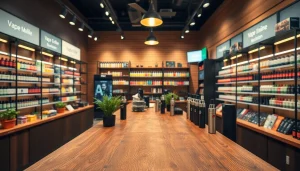 Vape shop with a wide range of devices and colorful e-liquids on display.