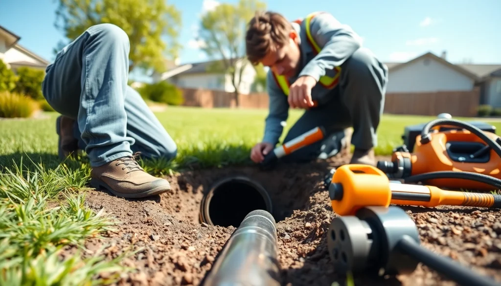 Sewer repair Raleigh contractor inspecting a sewer line with tools in a residential setting.