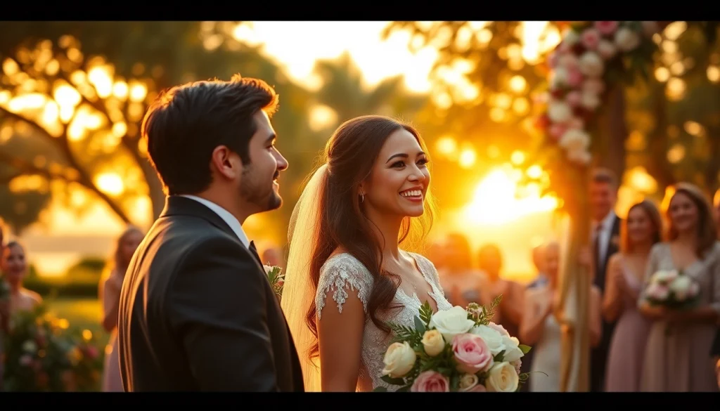 Wedding photographers in Tampa capturing a romantic sunset ceremony with happy couple and stunning scenery.