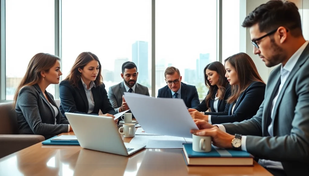 Collaborative legal professionals at https://www.turnpikelaw.com analyzing case files in a modern office.