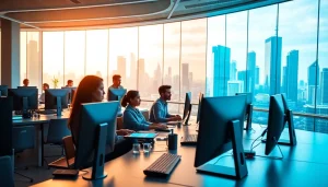 Individuals engaging with advanced Technology in a collaborative modern workspace, showcasing teamwork and innovation.