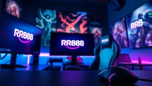 Showcase of a gaming setup highlighting the RR88 logo, featuring vibrant RGB lighting.