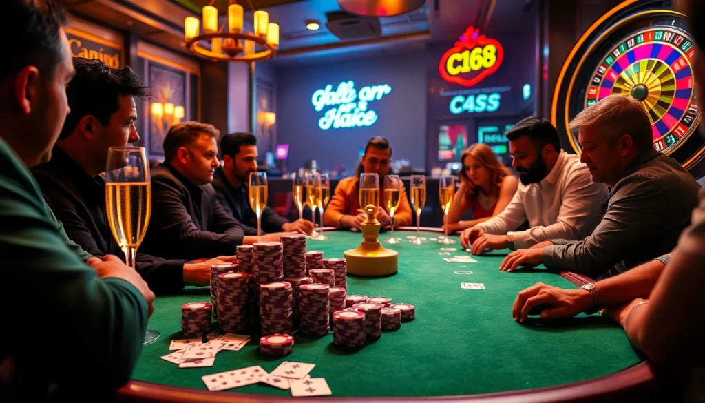 Experience the thrill at C168 with players engaged in intense poker action, surrounded by vibrant casino decor.