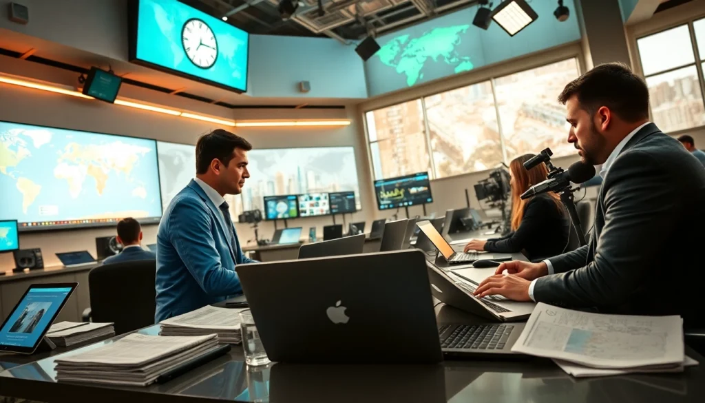 Journalists collaborating in a vibrant newsroom focused on https://saudiwadi.com news updates.