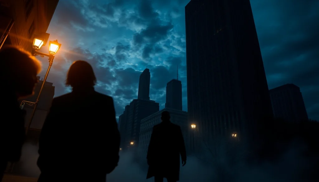 Engaging Thriller-inspired scene with a mysterious figure and eerie urban atmosphere, invoking suspense.