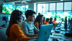 Engaged testers performing outsourced game testing in a dynamic office setting.