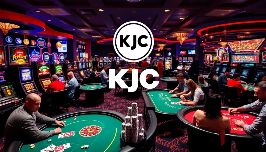 A vibrant casino scene showcasing KJC AC 1's exciting games with players at tables, slot machines, and roulette wheels.