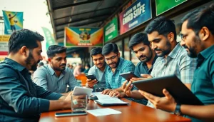 Engaged bettors participating in sports betting in India at a lively café, showcasing excitement and technology.