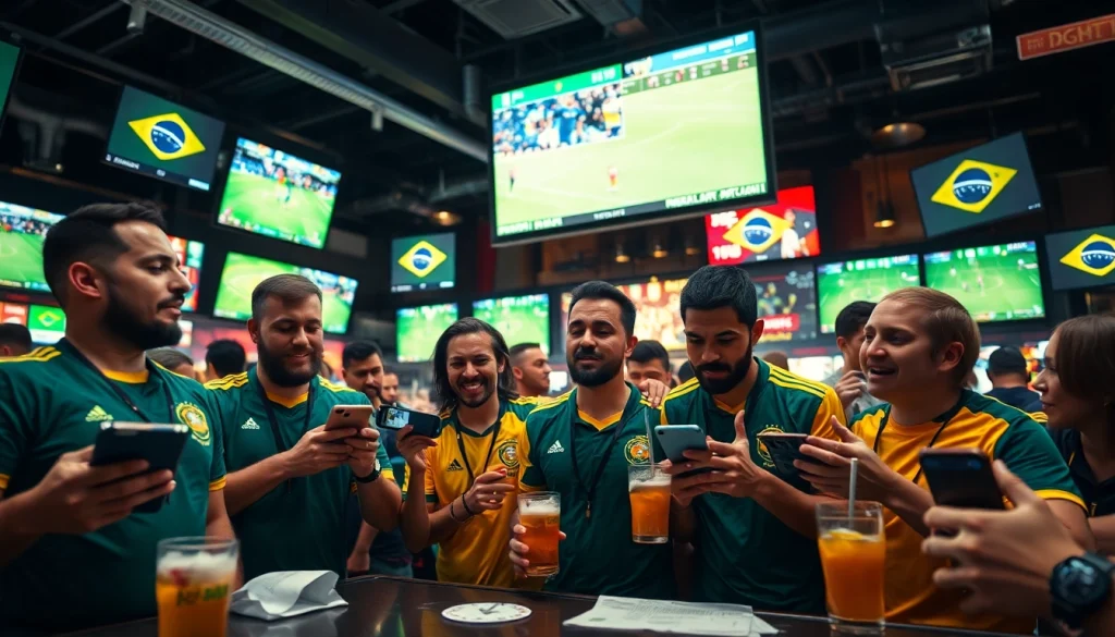 Engaged sports bettors in a lively Brazilian bar celebrating sports betting in Brazil.