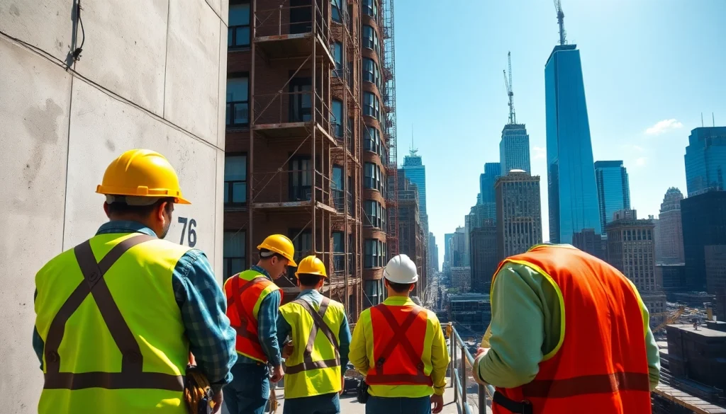 New York General Contractor managing a renovation project with a team in a busy urban setting.