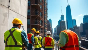 New York General Contractor managing a renovation project with a team in a busy urban setting.