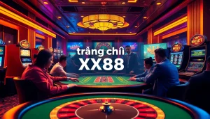 Experience the excitement of Trang chủ XX88 at a lively poker table, showcasing vibrant chips and engaged players.