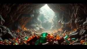 Discover the allure of King Solomon's Mine filled with gemstones and artifacts in a dramatic cavern setting.