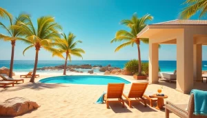 Relaxing by the luxurious coastal cabana with palm trees and sparkling ocean views.
