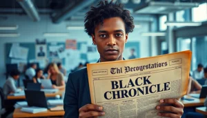 Highlighting the blackchronicle, a journalist reviews a vintage newspaper in a lively newsroom.