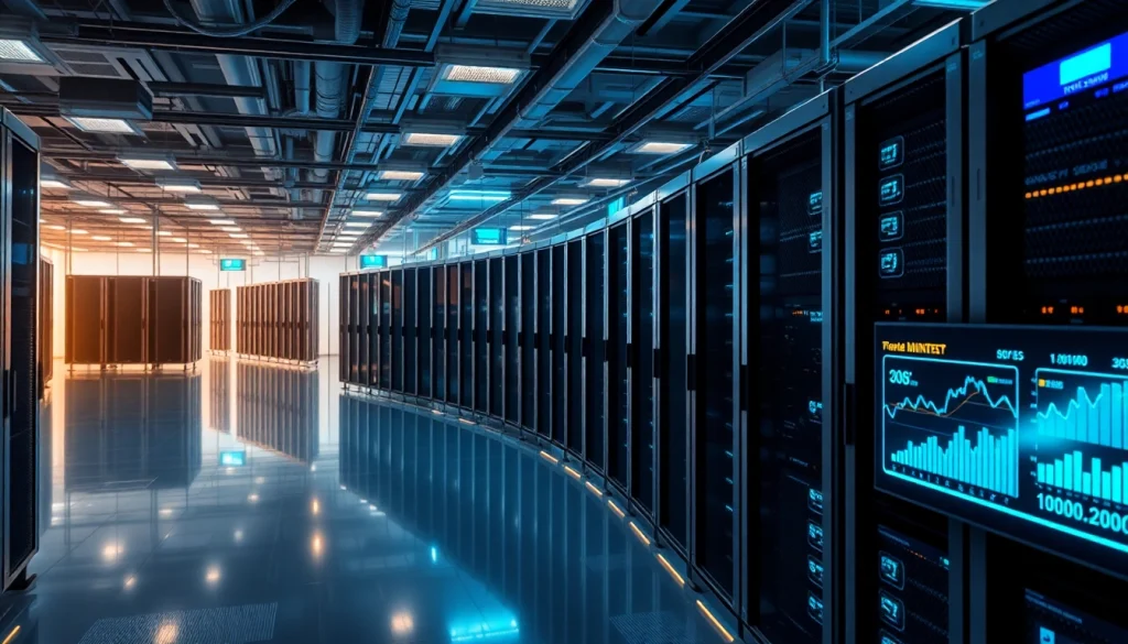 Futuristic cloud mining farm showcasing advanced servers and digital stats.