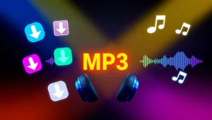 Discover easy MP3 download options with vibrant audio waveforms and headphones illustrated.