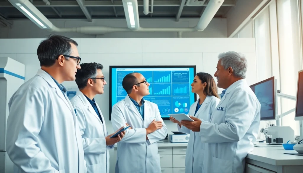 Team discussing findings of the ADAPTABLE Aspirin Study in a modern lab setting.