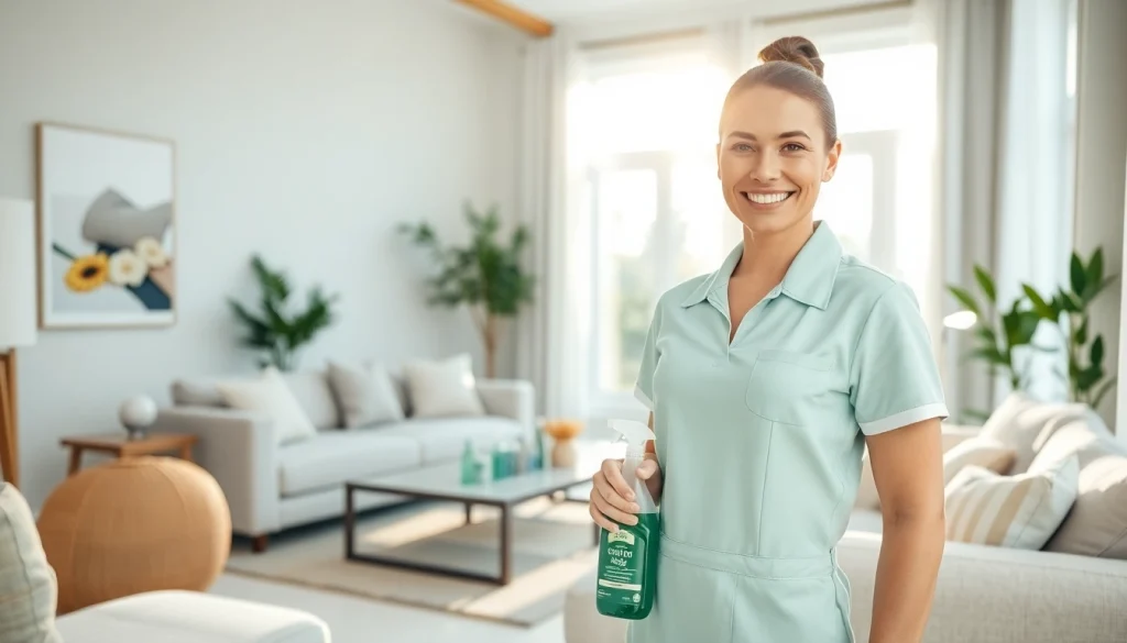 Showcasing a cleaning service professional enhancing a home's cleanliness with eco-friendly products.