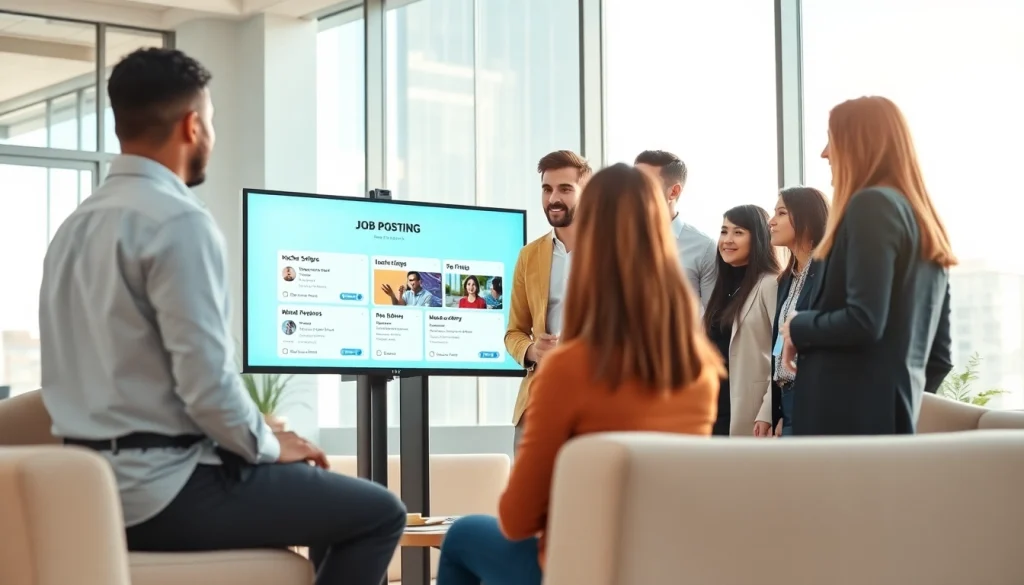 Engage with a free job post showcasing diverse professionals in a modern office environment.